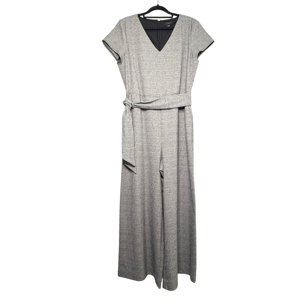 Ann Taylor Factory Jumpsuit Size 6 Gray Plaid Belted Wide Leg Career Workwear